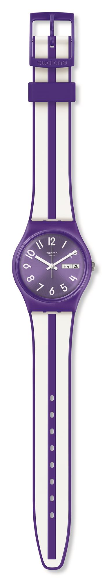 Swatch Nuora Gelso Stripey White Purple Silicone Strap Ladies Watch GV701 34mm