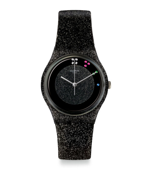 Swatch Scintillante Quartz Black Dial Glittery Leather Strap Ladies Watch GZ335S