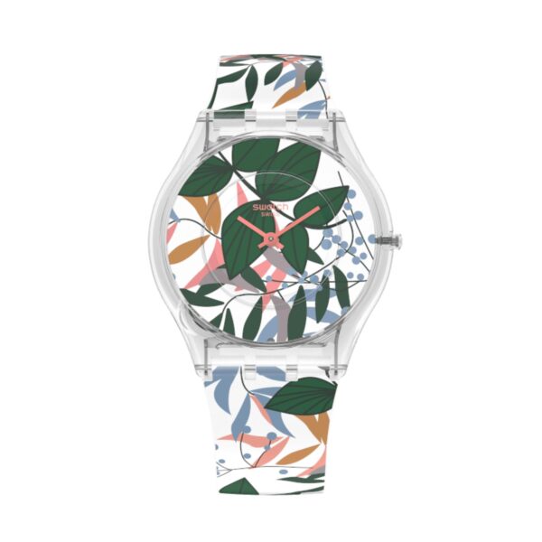 Swatch Skin Classic Leaves Jungle Quartz Floral Dial Floral Silicone Strap Ladies Watch SS08K111